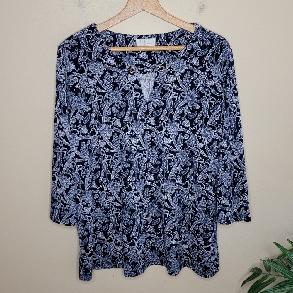 Stitch Fix Magnolia Grace Navy Blue White Paisley Print 3/4 Sleeve Top Size XL